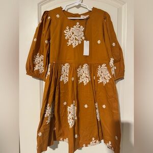 Pink Chicken Embroidered Kids Dress - Brown and White